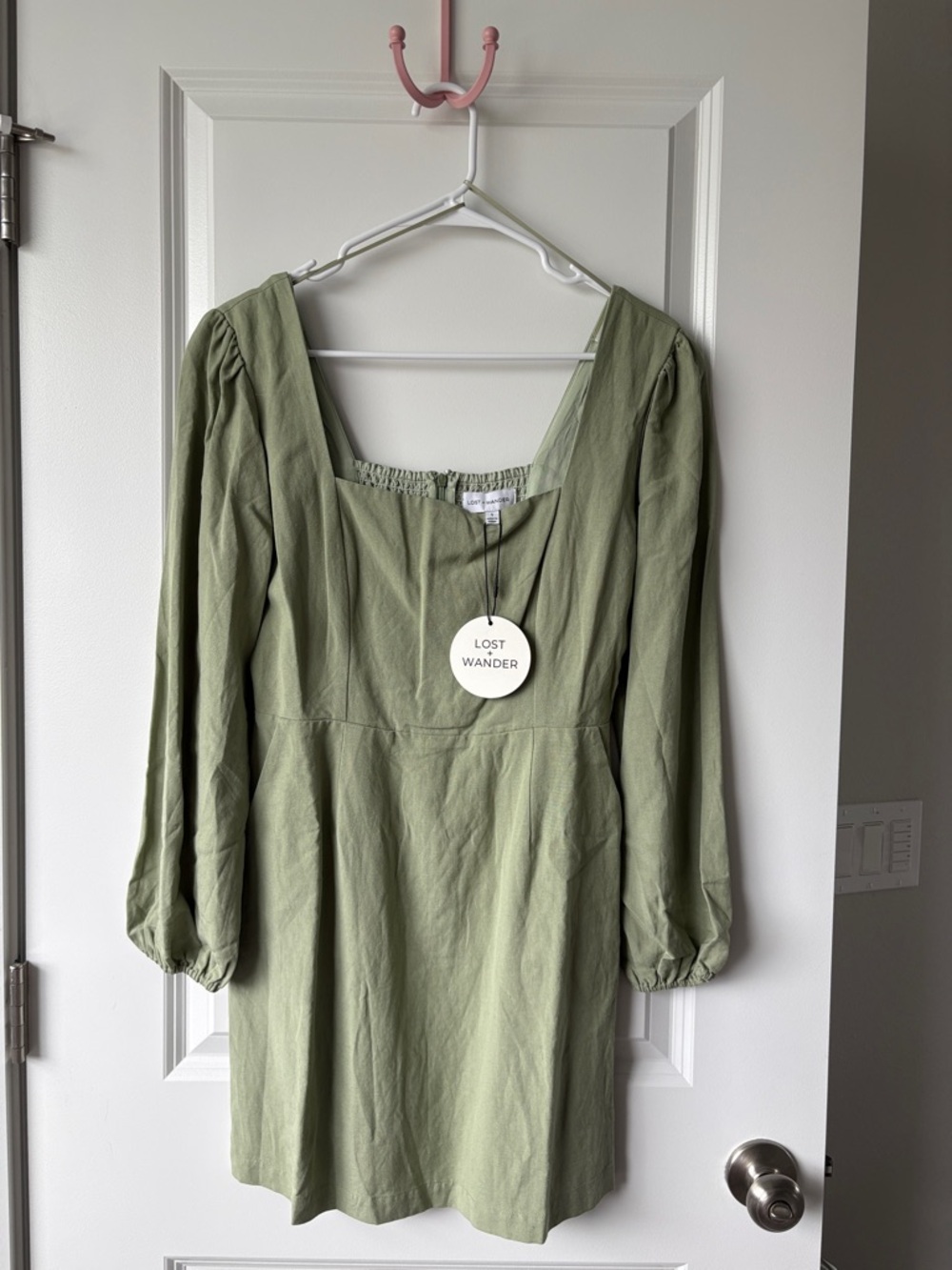 Lost + Wander Olive Sage Green Square Neck Mini Dress